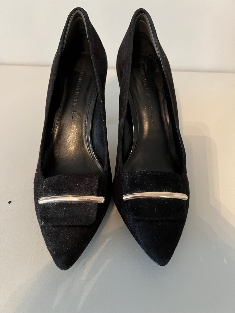 Banana Republic Black Suede Pointed-Toe Pumps with Silver Bar